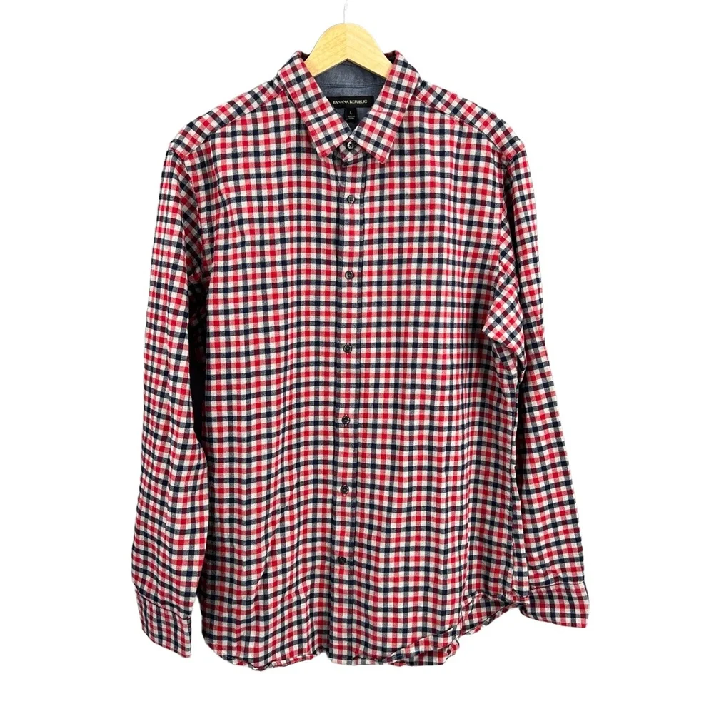 Banana Republic Men’s Plaid Button Down Shirt Red Navy White Long‎ Sleeve L